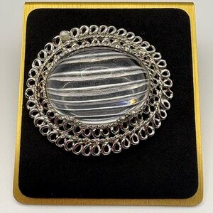 Vintage Celebrity Lucite High Domed Silver Tone Signed Brooch